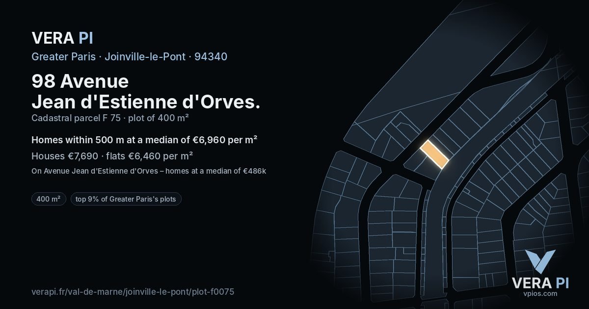 98 Avenue Jean d'Estienne d'Orves, Joinville-le-Pont at night – the plot lit, the parcels around coloured by the prices near them