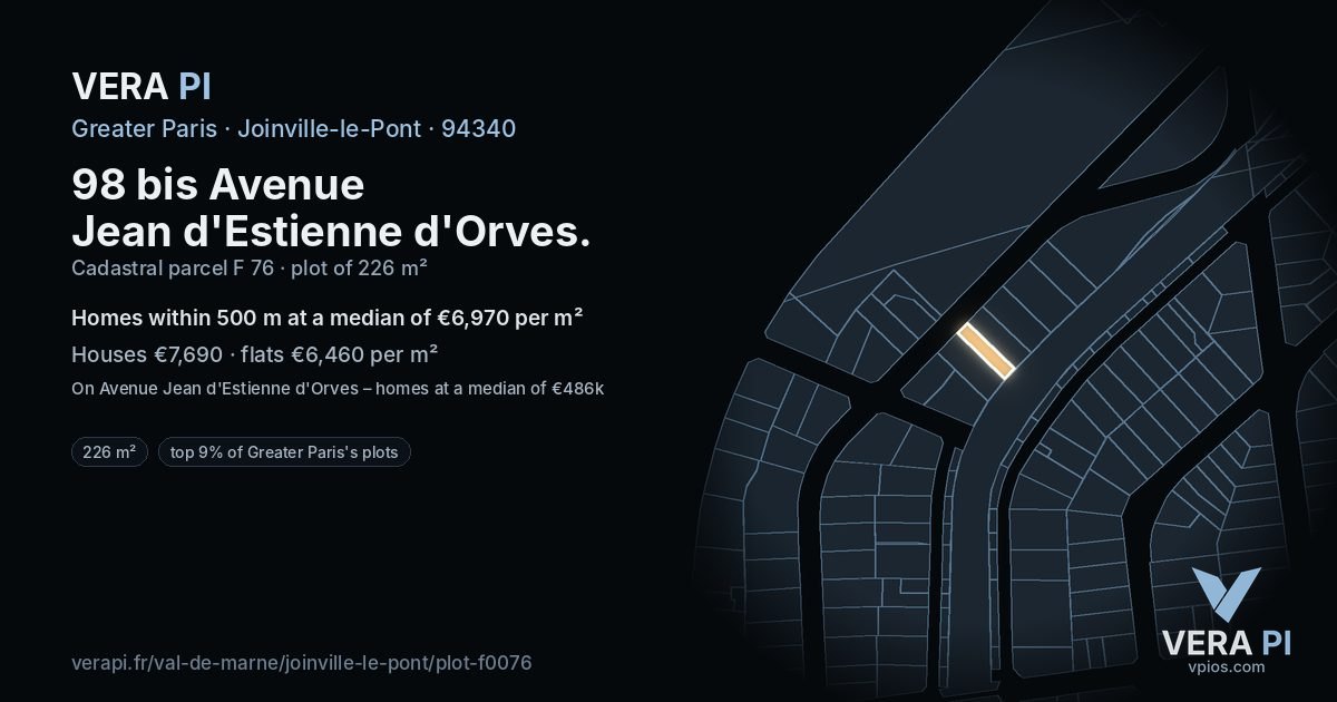 98 bis Avenue Jean d'Estienne d'Orves, Joinville-le-Pont at night – the plot lit, the parcels around coloured by the prices near them