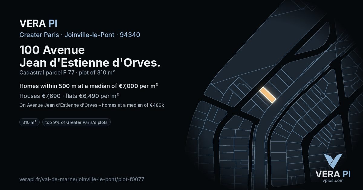 100 Avenue Jean d'Estienne d'Orves, Joinville-le-Pont at night – the plot lit, the parcels around coloured by the prices near them