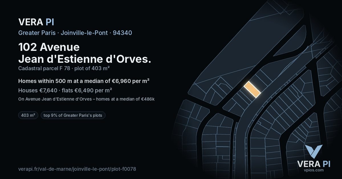 102 Avenue Jean d'Estienne d'Orves, Joinville-le-Pont at night – the plot lit, the parcels around coloured by the prices near them