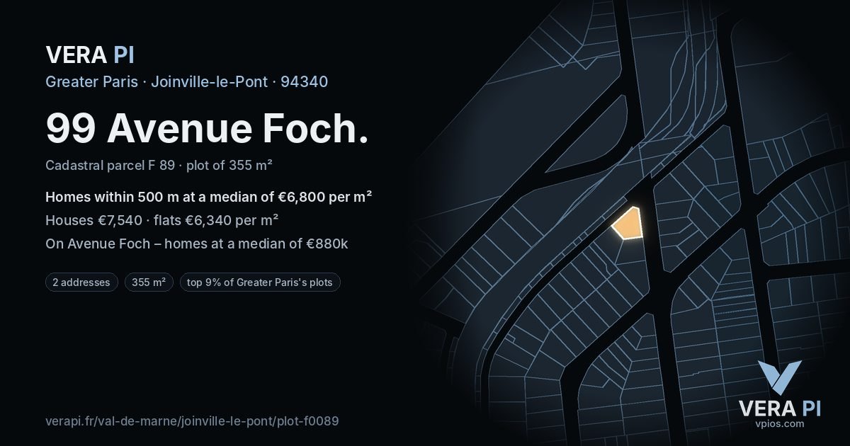 99 Avenue Foch, Joinville-le-Pont at night – the plot lit, the parcels around coloured by the prices near them