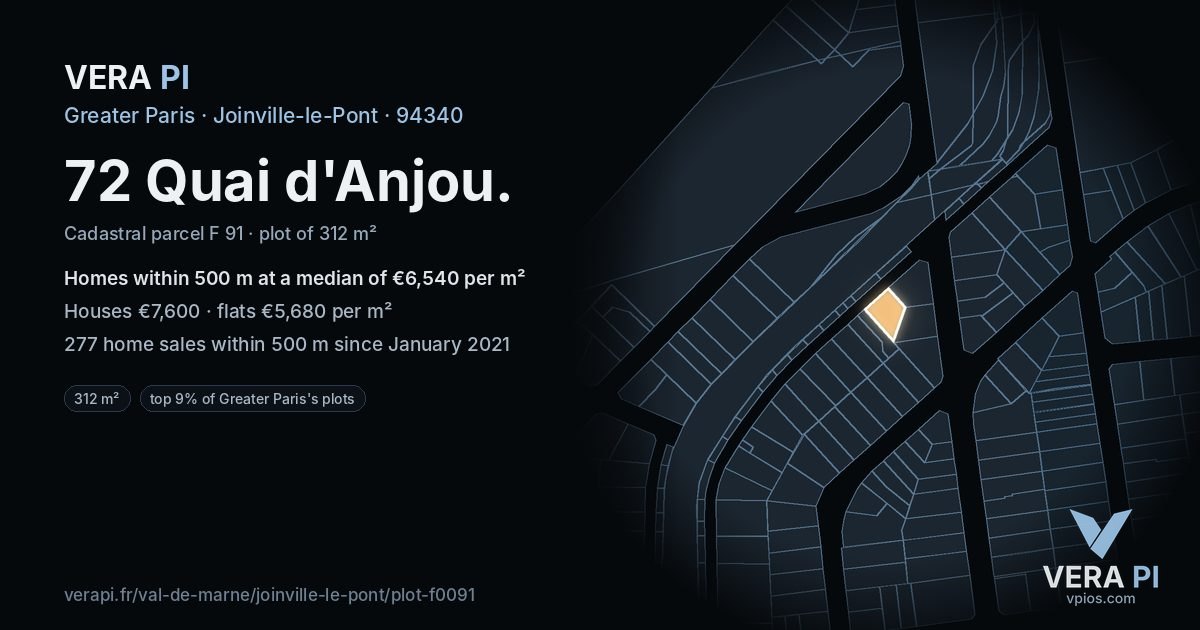 72 Quai d'Anjou, Joinville-le-Pont at night – the plot lit, the parcels around coloured by the prices near them