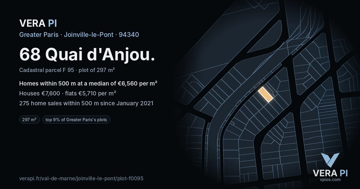 68 Quai d'Anjou, Joinville-le-Pont at night – the plot lit, the parcels around coloured by the prices near them