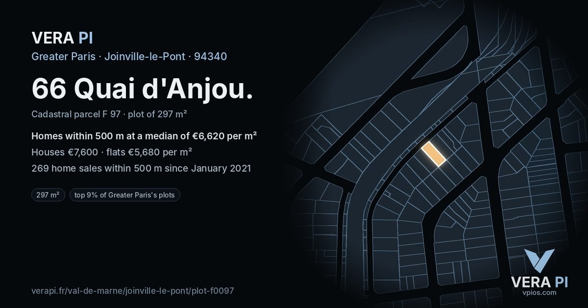 66 Quai d'Anjou, Joinville-le-Pont at night – the plot lit, the parcels around coloured by the prices near them