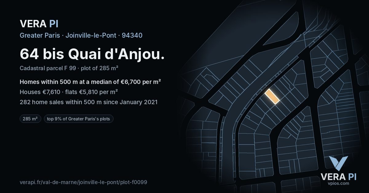 64 bis Quai d'Anjou, Joinville-le-Pont at night – the plot lit, the parcels around coloured by the prices near them