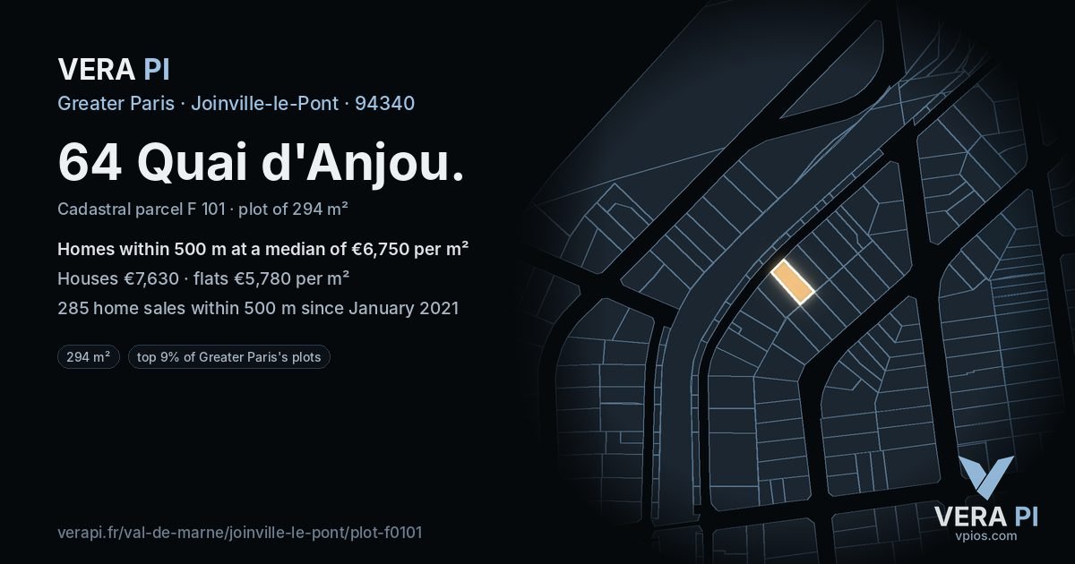 64 Quai d'Anjou, Joinville-le-Pont at night – the plot lit, the parcels around coloured by the prices near them