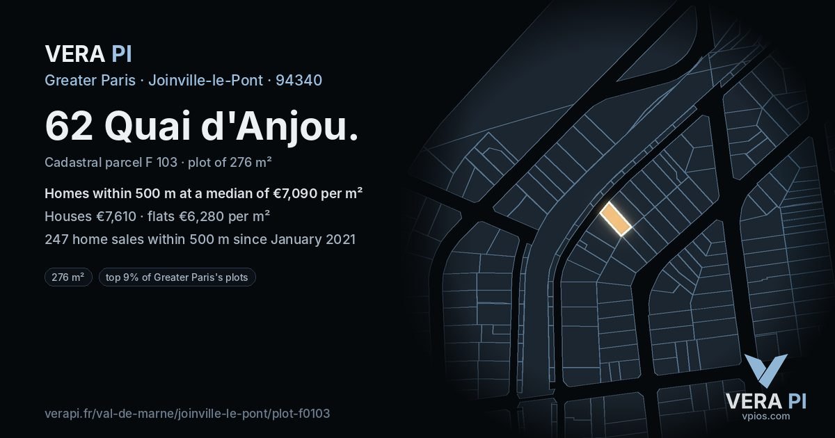 62 Quai d'Anjou, Joinville-le-Pont at night – the plot lit, the parcels around coloured by the prices near them