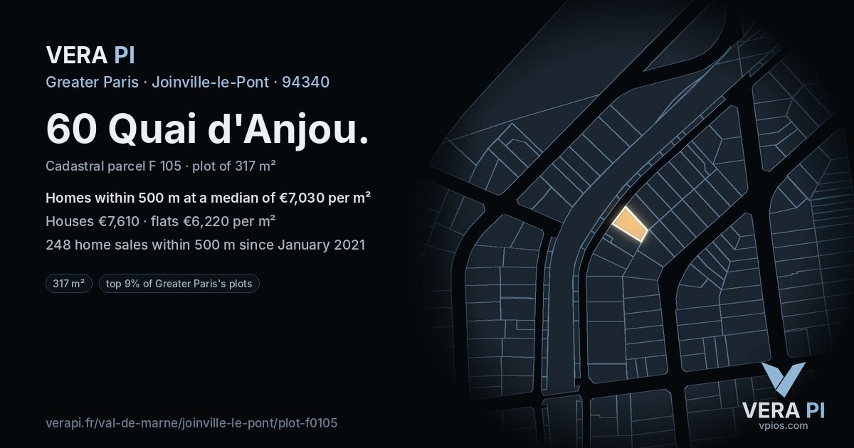 60 Quai d'Anjou, Joinville-le-Pont at night – the plot lit, the parcels around coloured by the prices near them