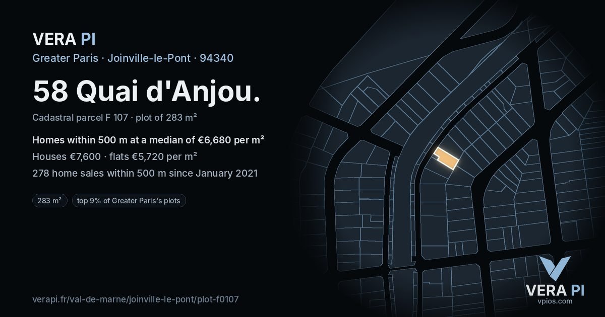 58 Quai d'Anjou, Joinville-le-Pont at night – the plot lit, the parcels around coloured by the prices near them
