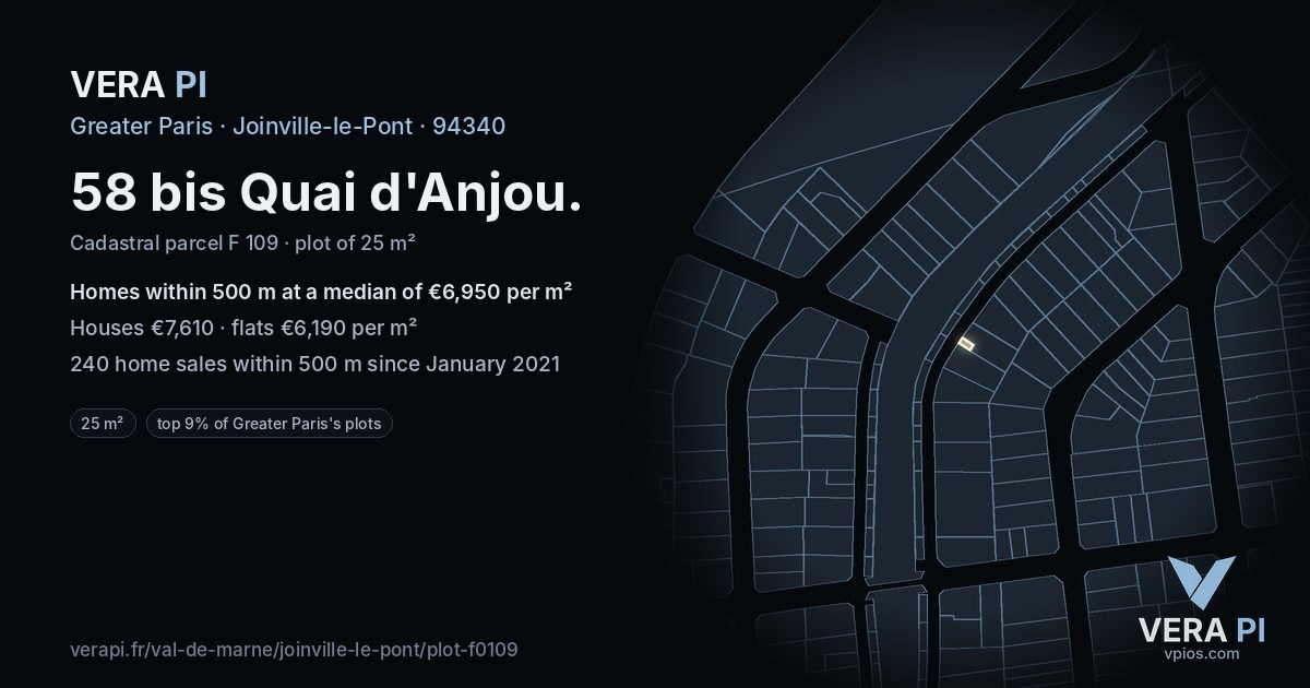58 bis Quai d'Anjou, Joinville-le-Pont at night – the plot lit, the parcels around coloured by the prices near them