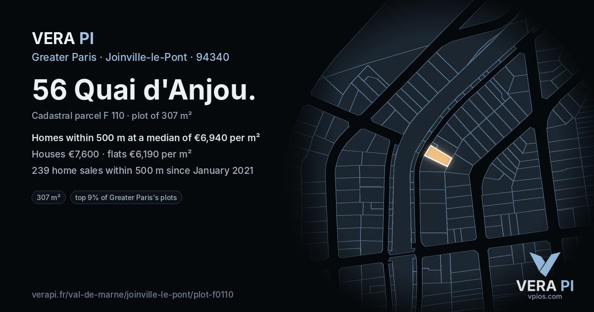 56 Quai d'Anjou, Joinville-le-Pont at night – the plot lit, the parcels around coloured by the prices near them