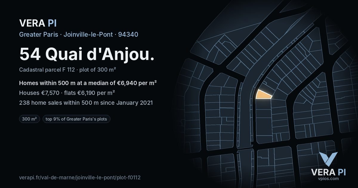 54 Quai d'Anjou, Joinville-le-Pont at night – the plot lit, the parcels around coloured by the prices near them