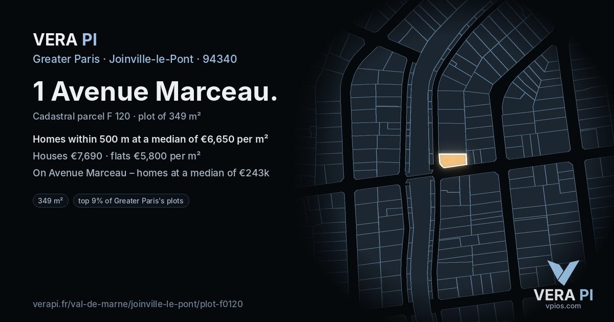 1 Avenue Marceau, Joinville-le-Pont at night – the plot lit, the parcels around coloured by the prices near them