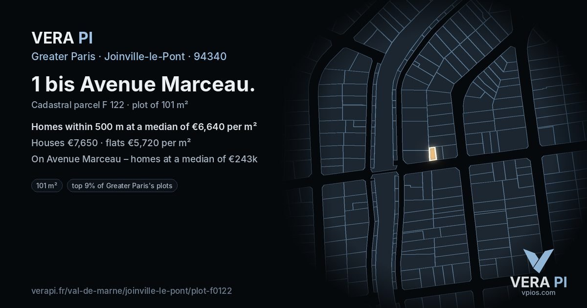 1 bis Avenue Marceau, Joinville-le-Pont at night – the plot lit, the parcels around coloured by the prices near them
