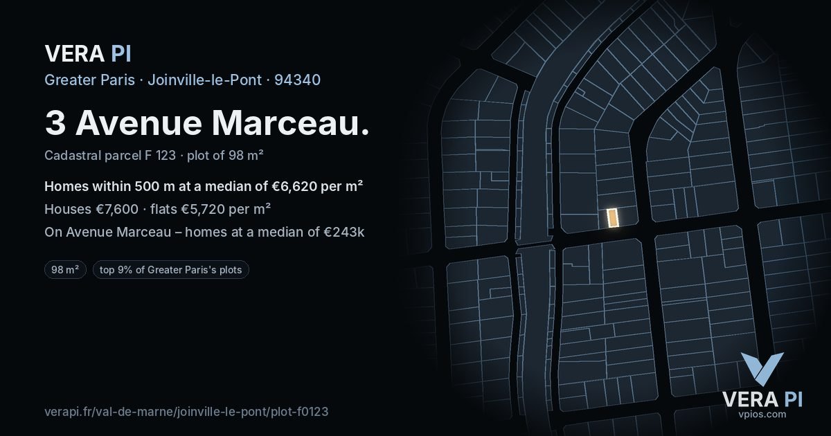 3 Avenue Marceau, Joinville-le-Pont at night – the plot lit, the parcels around coloured by the prices near them