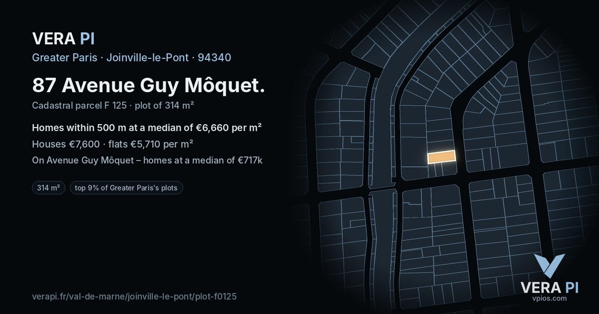 87 Avenue Guy Môquet, Joinville-le-Pont at night – the plot lit, the parcels around coloured by the prices near them