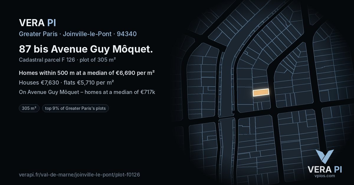 87 bis Avenue Guy Môquet, Joinville-le-Pont at night – the plot lit, the parcels around coloured by the prices near them