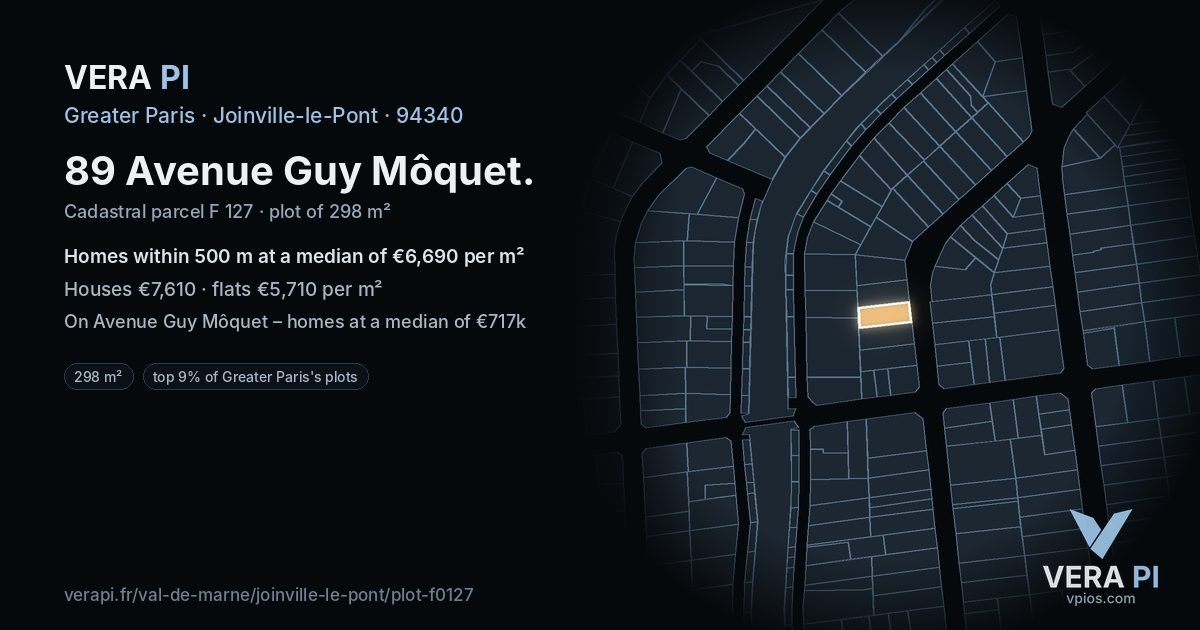 89 Avenue Guy Môquet, Joinville-le-Pont at night – the plot lit, the parcels around coloured by the prices near them