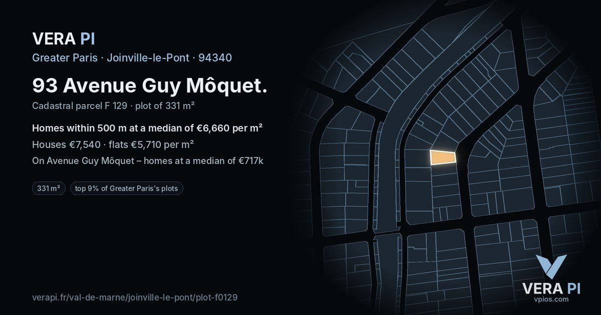 93 Avenue Guy Môquet, Joinville-le-Pont at night – the plot lit, the parcels around coloured by the prices near them