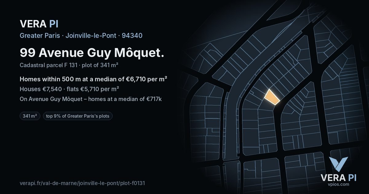 99 Avenue Guy Môquet, Joinville-le-Pont at night – the plot lit, the parcels around coloured by the prices near them