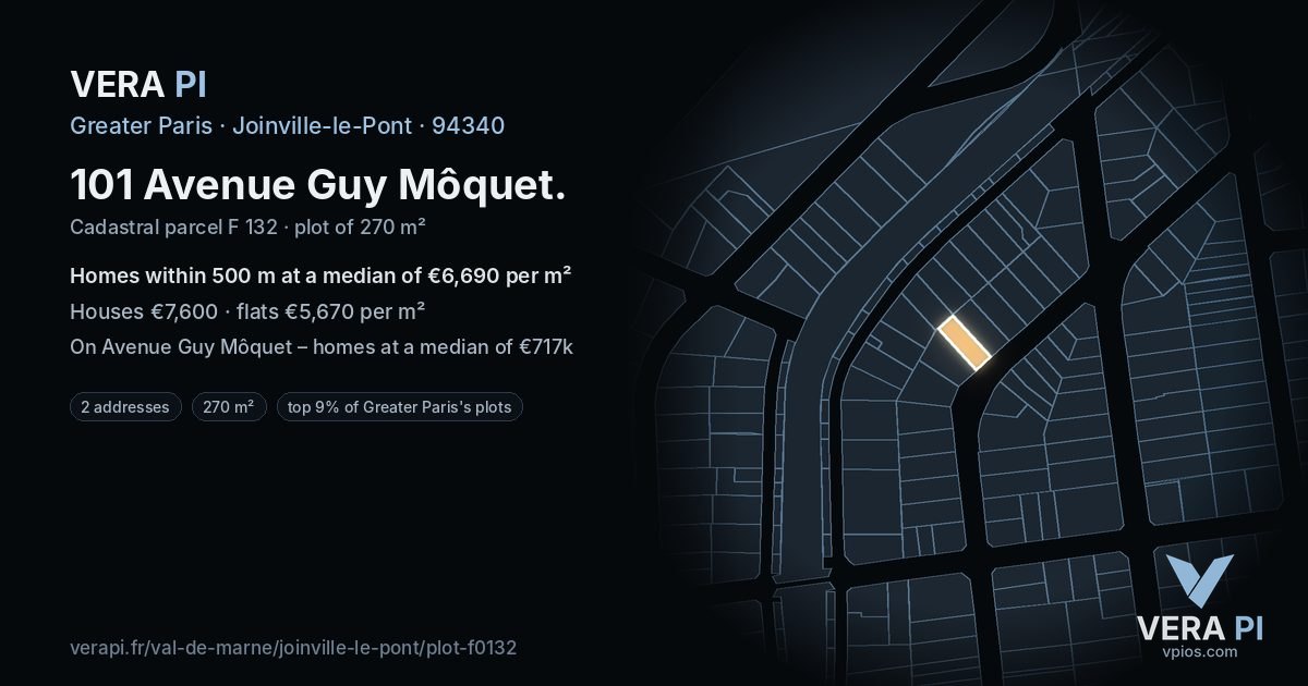 101 Avenue Guy Môquet, Joinville-le-Pont at night – the plot lit, the parcels around coloured by the prices near them