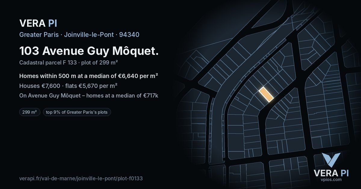 103 Avenue Guy Môquet, Joinville-le-Pont at night – the plot lit, the parcels around coloured by the prices near them