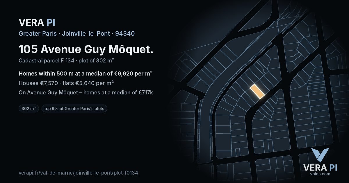 105 Avenue Guy Môquet, Joinville-le-Pont at night – the plot lit, the parcels around coloured by the prices near them