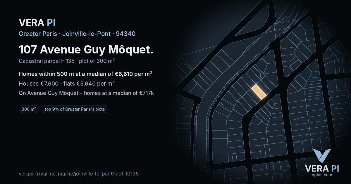 107 Avenue Guy Môquet, Joinville-le-Pont at night – the plot lit, the parcels around coloured by the prices near them