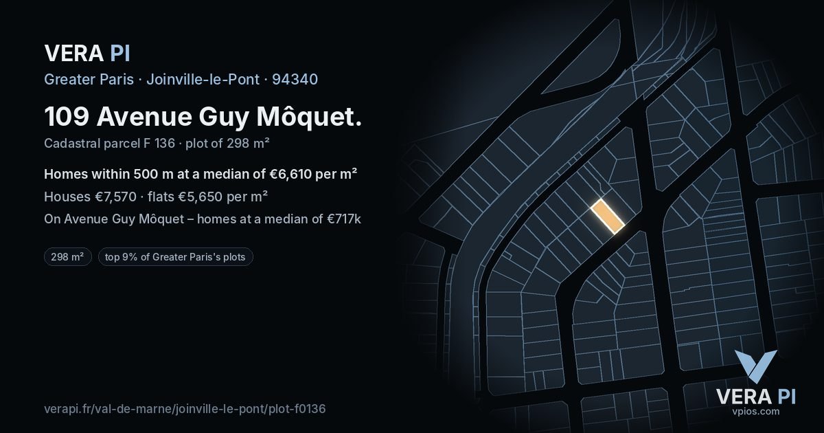 109 Avenue Guy Môquet, Joinville-le-Pont at night – the plot lit, the parcels around coloured by the prices near them