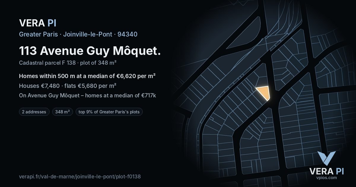 113 Avenue Guy Môquet, Joinville-le-Pont at night – the plot lit, the parcels around coloured by the prices near them