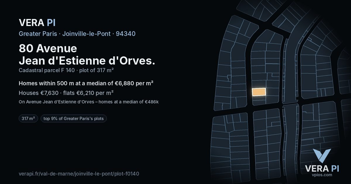 80 Avenue Jean d'Estienne d'Orves, Joinville-le-Pont at night – the plot lit, the parcels around coloured by the prices near them