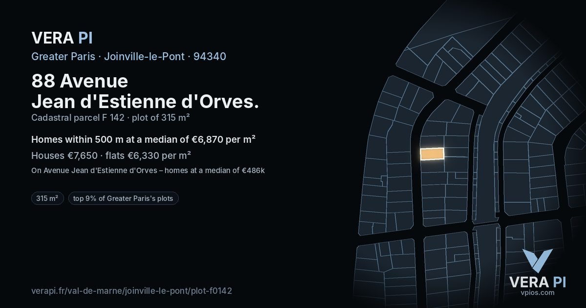 88 Avenue Jean d'Estienne d'Orves, Joinville-le-Pont at night – the plot lit, the parcels around coloured by the prices near them
