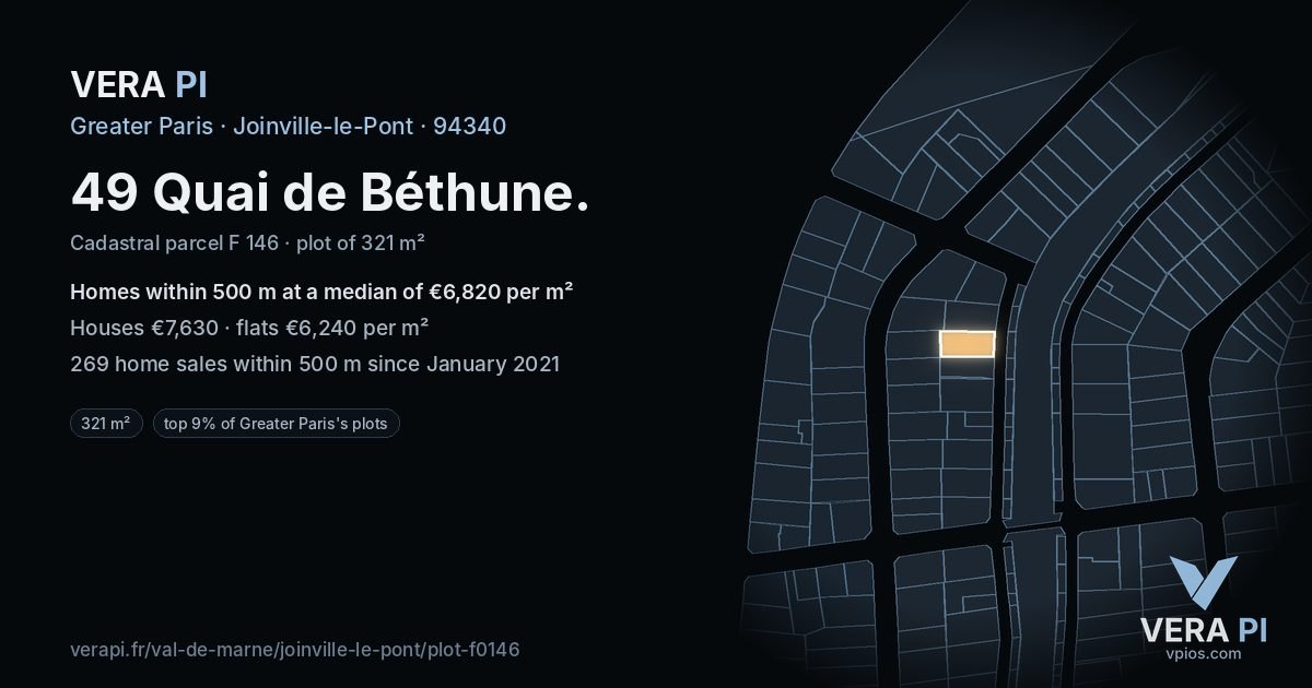 49 Quai de Béthune, Joinville-le-Pont at night – the plot lit, the parcels around coloured by the prices near them
