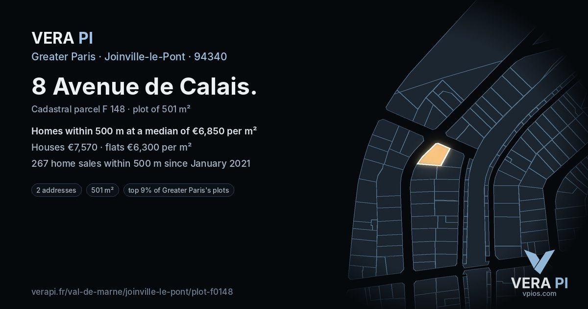 8 Avenue de Calais, Joinville-le-Pont at night – the plot lit, the parcels around coloured by the prices near them