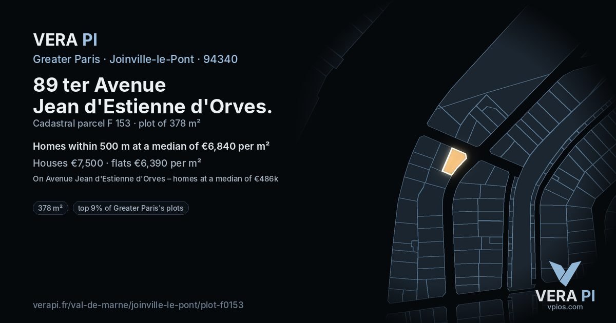 89 ter Avenue Jean d'Estienne d'Orves, Joinville-le-Pont at night – the plot lit, the parcels around coloured by the prices near them