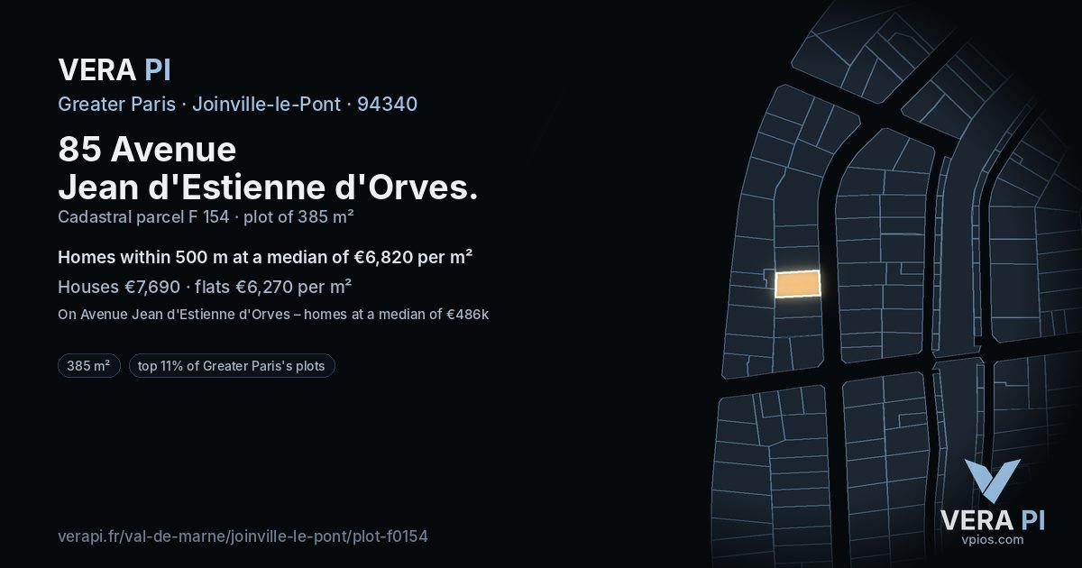 85 Avenue Jean d'Estienne d'Orves, Joinville-le-Pont at night – the plot lit, the parcels around coloured by the prices near them