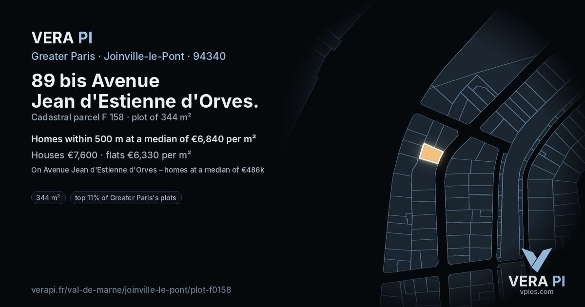 89 bis Avenue Jean d'Estienne d'Orves, Joinville-le-Pont at night – the plot lit, the parcels around coloured by the prices near them
