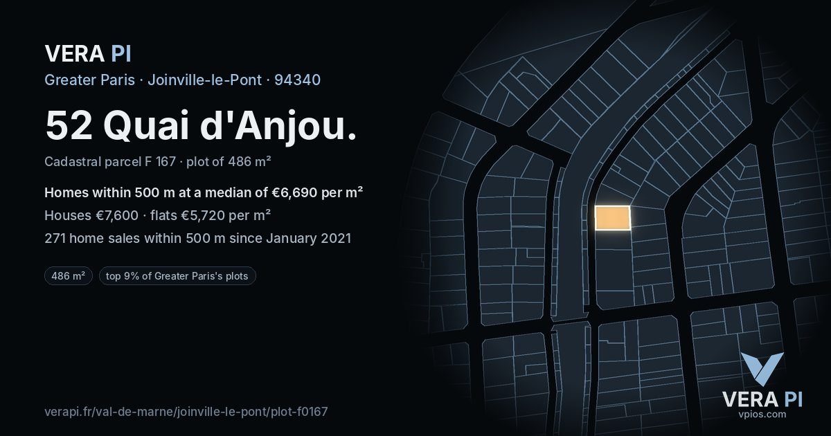 52 Quai d'Anjou, Joinville-le-Pont at night – the plot lit, the parcels around coloured by the prices near them