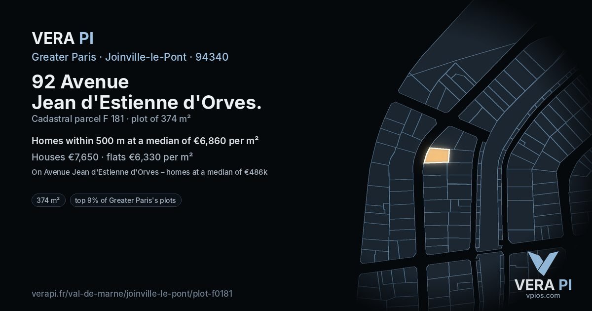 92 Avenue Jean d'Estienne d'Orves, Joinville-le-Pont at night – the plot lit, the parcels around coloured by the prices near them