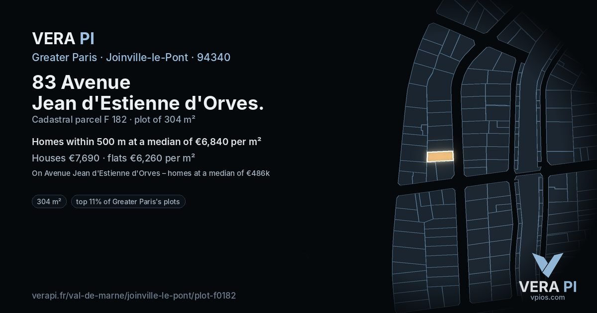 83 Avenue Jean d'Estienne d'Orves, Joinville-le-Pont at night – the plot lit, the parcels around coloured by the prices near them