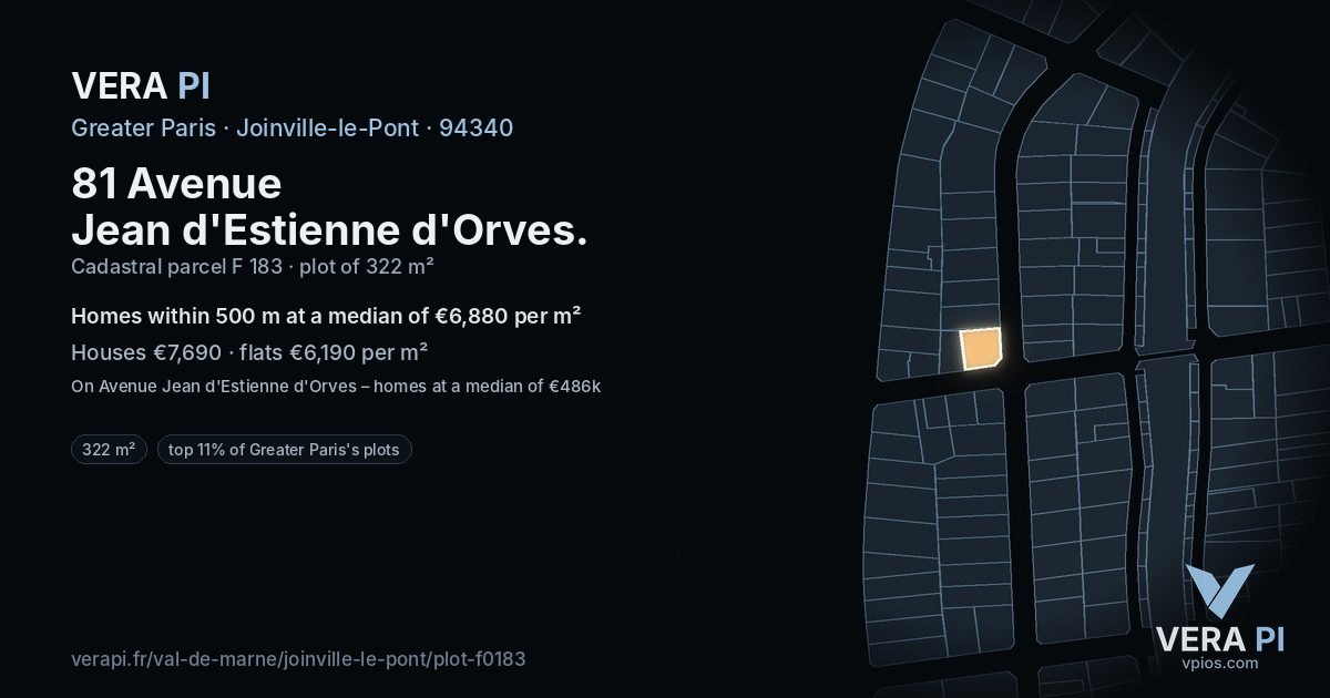 81 Avenue Jean d'Estienne d'Orves, Joinville-le-Pont at night – the plot lit, the parcels around coloured by the prices near them