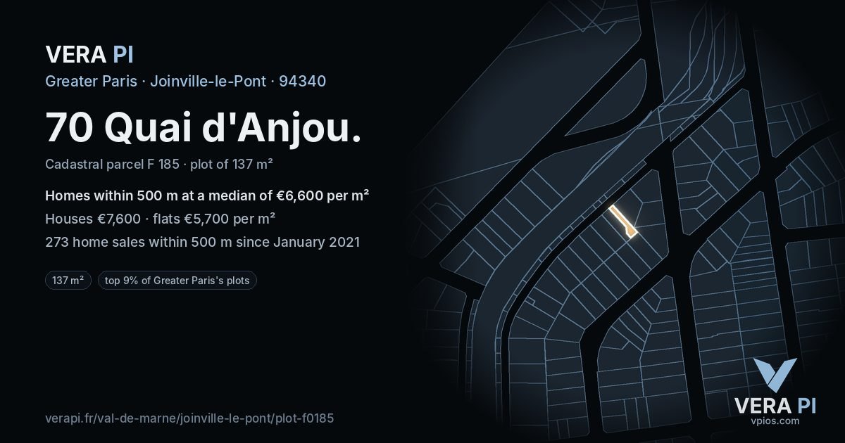 70 Quai d'Anjou, Joinville-le-Pont at night – the plot lit, the parcels around coloured by the prices near them