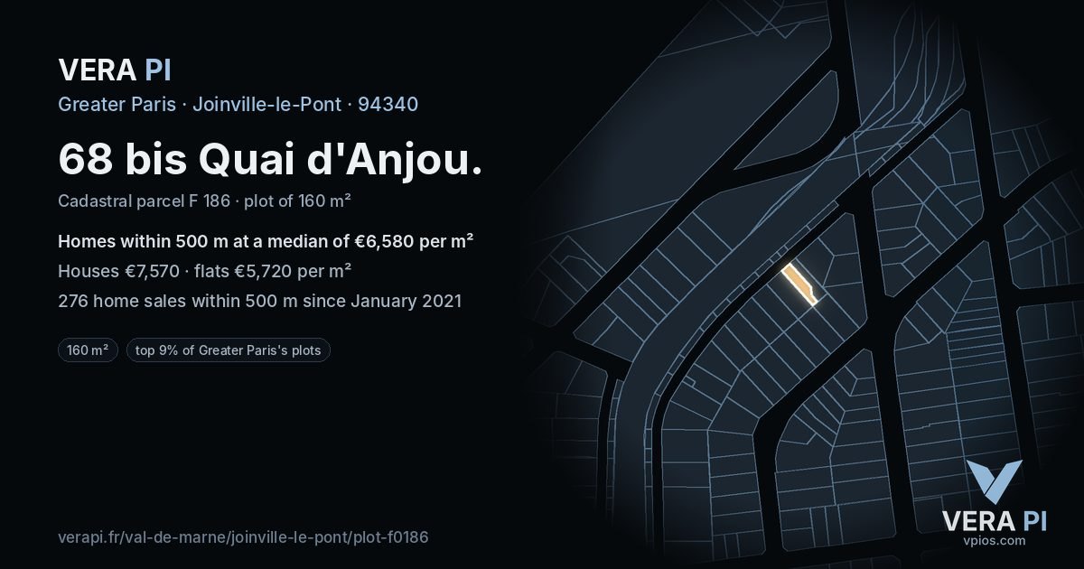 68 bis Quai d'Anjou, Joinville-le-Pont at night – the plot lit, the parcels around coloured by the prices near them