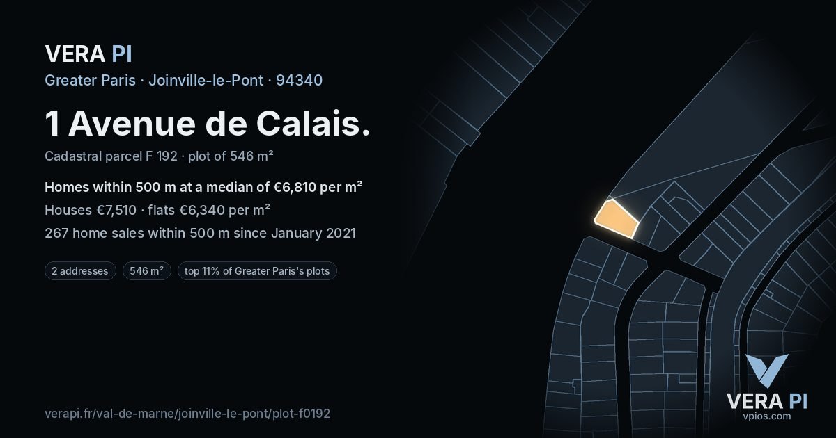 1 Avenue de Calais, Joinville-le-Pont at night – the plot lit, the parcels around coloured by the prices near them