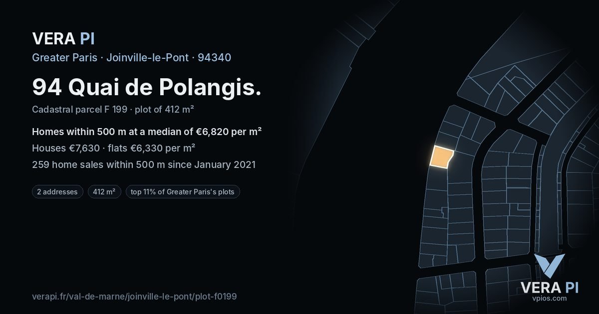 94 Quai de Polangis, Joinville-le-Pont at night – the plot lit, the parcels around coloured by the prices near them