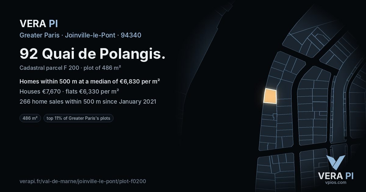 92 Quai de Polangis, Joinville-le-Pont at night – the plot lit, the parcels around coloured by the prices near them