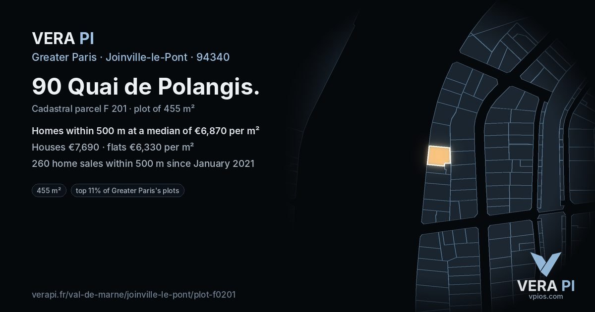90 Quai de Polangis, Joinville-le-Pont at night – the plot lit, the parcels around coloured by the prices near them