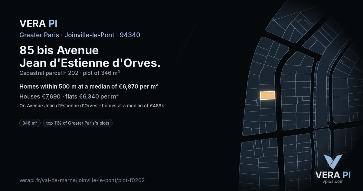 85 bis Avenue Jean d'Estienne d'Orves, Joinville-le-Pont at night – the plot lit, the parcels around coloured by the prices near them