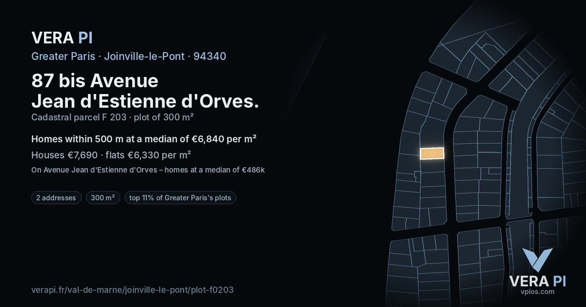 87 bis Avenue Jean d'Estienne d'Orves, Joinville-le-Pont at night – the plot lit, the parcels around coloured by the prices near them