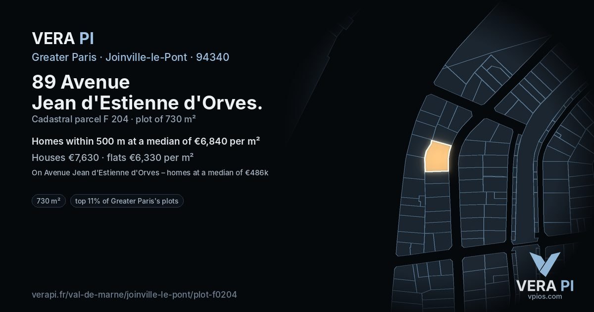89 Avenue Jean d'Estienne d'Orves, Joinville-le-Pont at night – the plot lit, the parcels around coloured by the prices near them